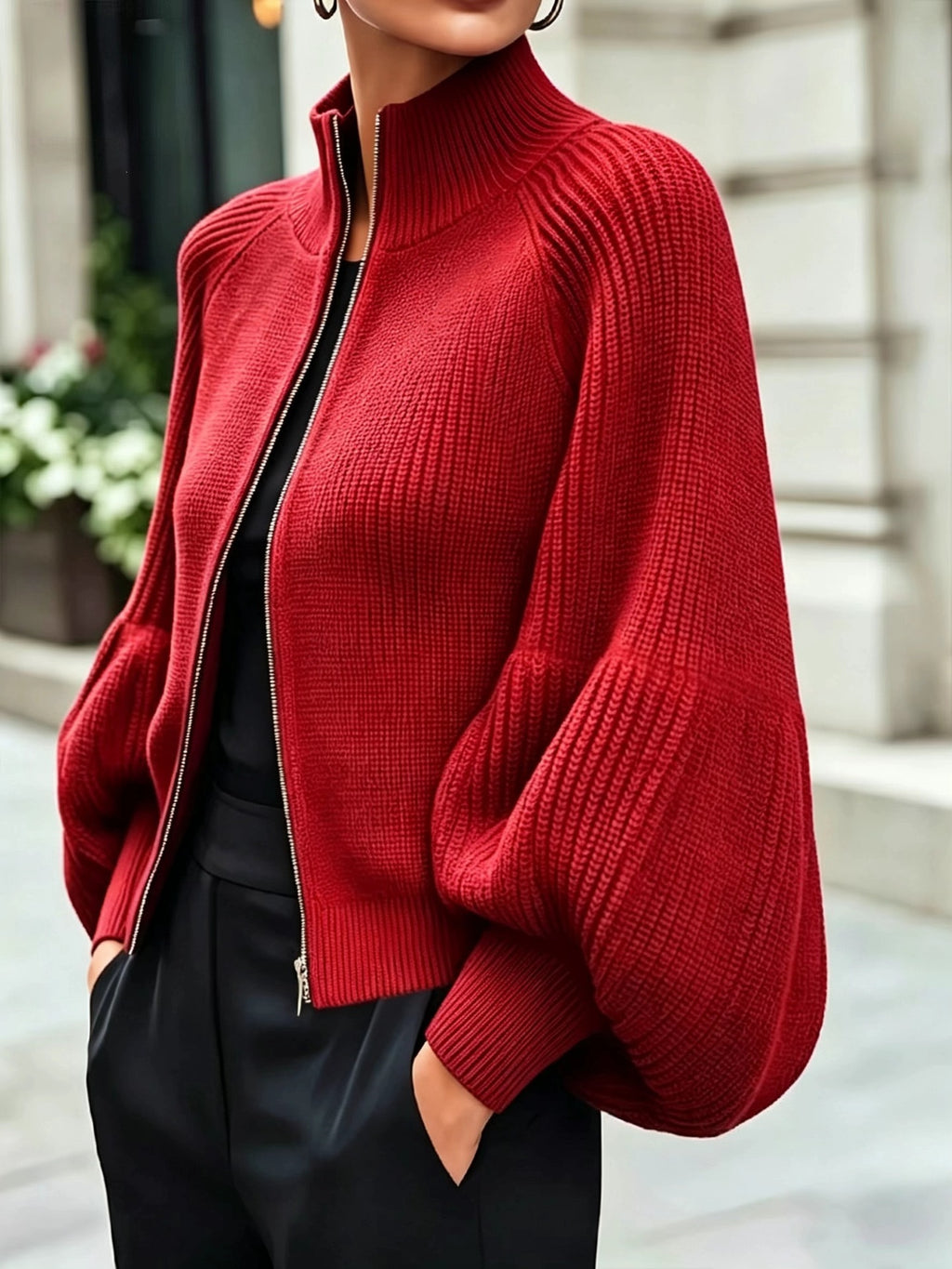 Women's Textured Knit Stand Collar Balloon Sleeve Cardigan