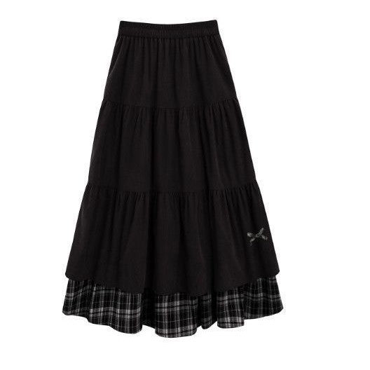 Woolen corduroy patchwork check high-waisted A-line long dress
