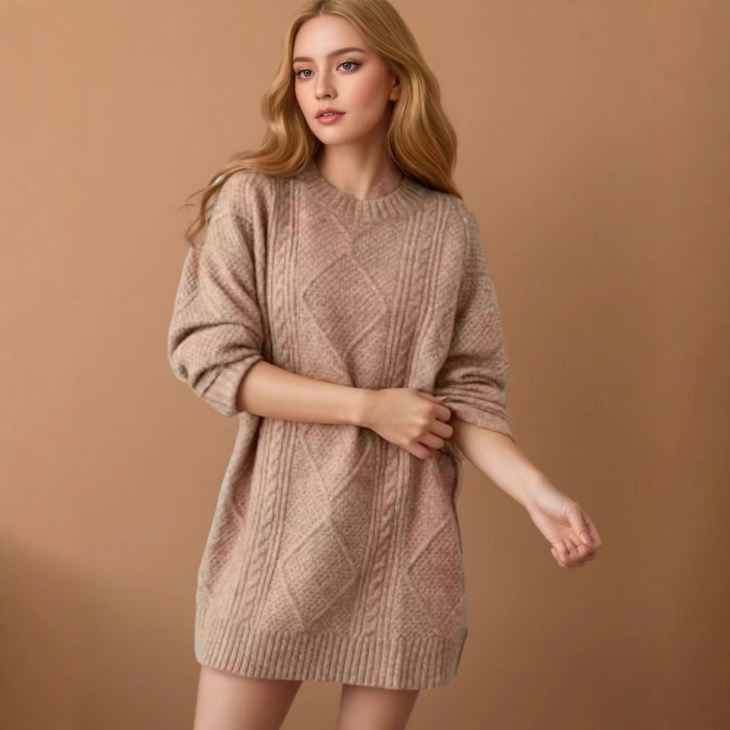 Women's Arctic Velvet Twist Pattern Mid-Length Loose Pullover Sweater