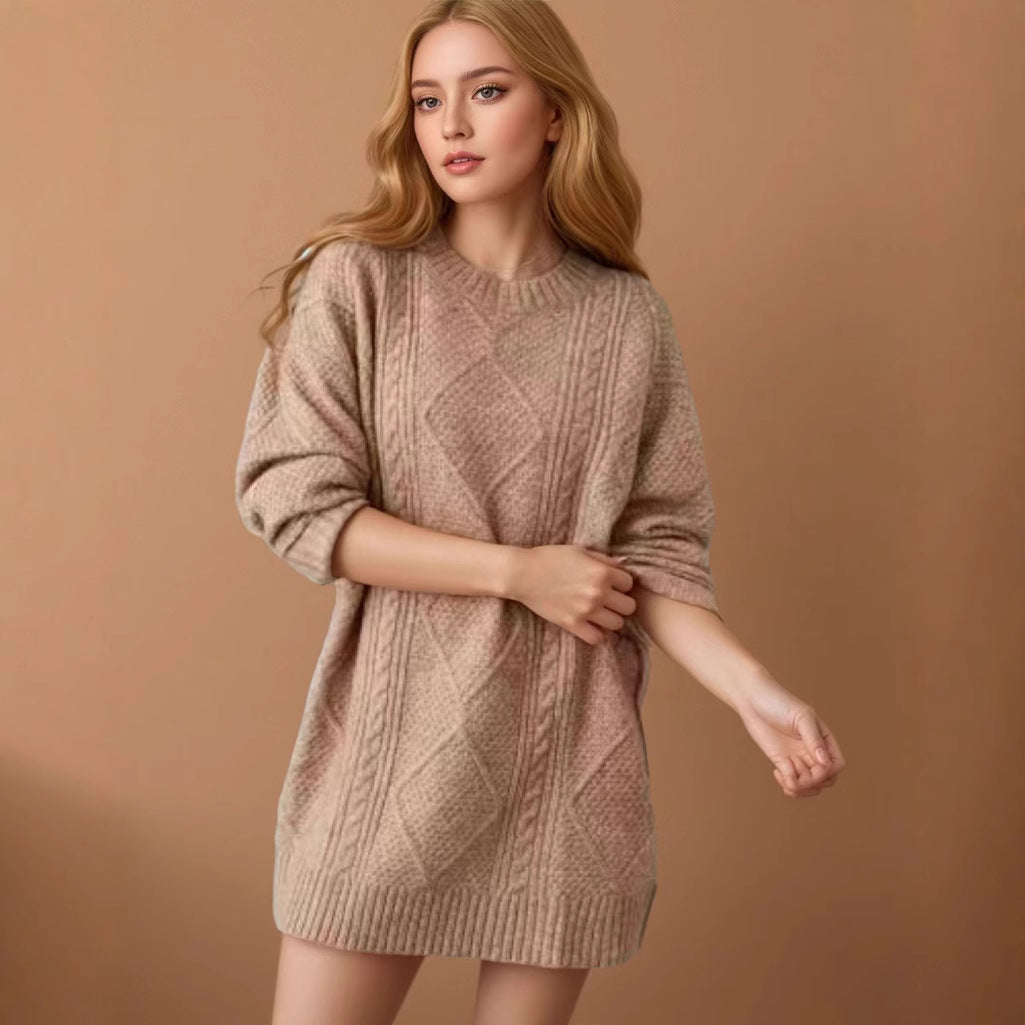Women's Arctic Velvet Twist Pattern Mid-Length Loose Pullover Sweater