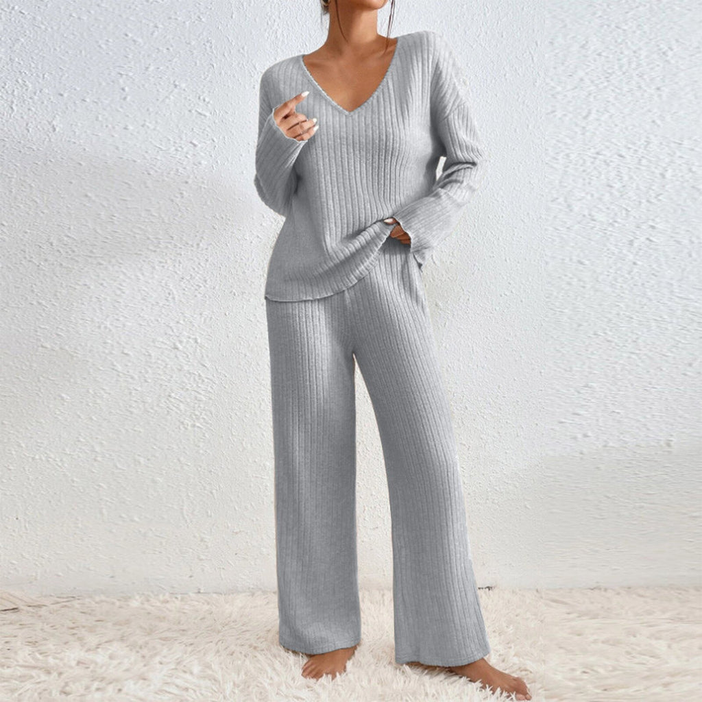 Women V-Neck Loose Ribbed Knit Long Sleeve Top Suit Set