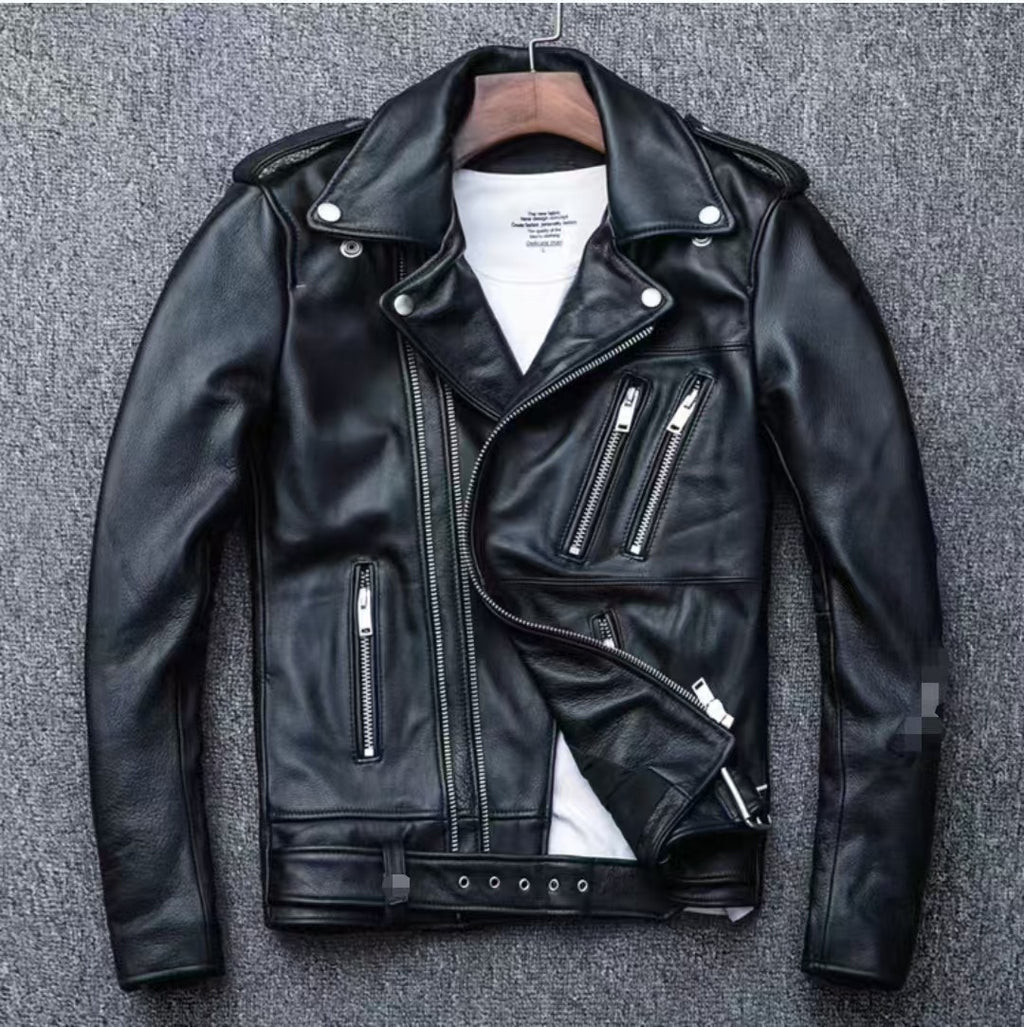 Men's leather jacket with water-washed finish, motorcycle-style men's leather jacket