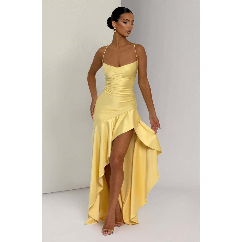 Womens Satin Spaghetti Strap Dress with Ruffles