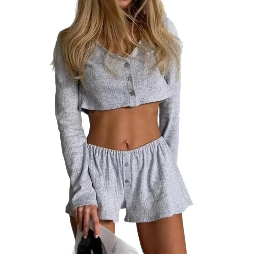 Cotton Long Sleeve V-Neck Shorts Pajama Set