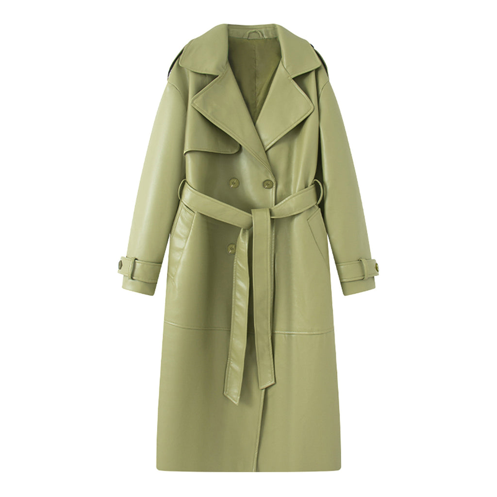 Women's Retro PU Leather Trench Coat