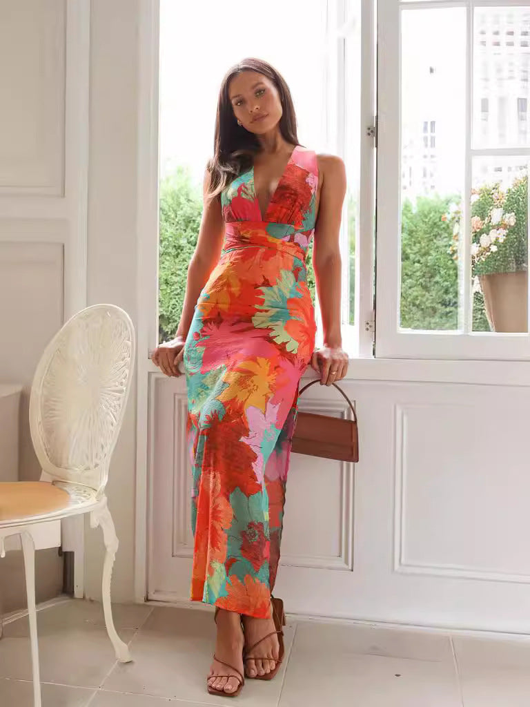 Floral Print V Neck Tie Waist Dress