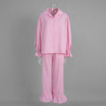 Cross-Border Pure Cotton Plaid Long-Sleeved Pants Two-Piece Set European and American 2025 Autum New Ruffled Shirt Pants Suit