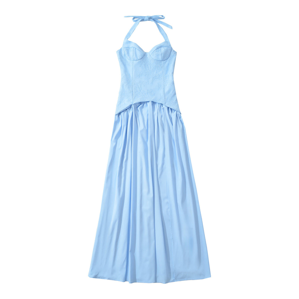 French-Style Halter Neck Lace Spliced Long Dress with Slit