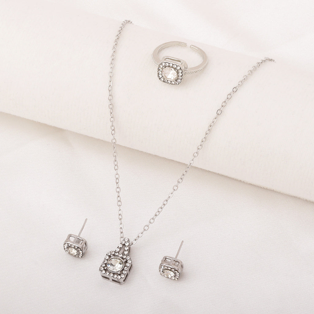 Square Rhinestone Jewelry Set Necklace Ring Earrings