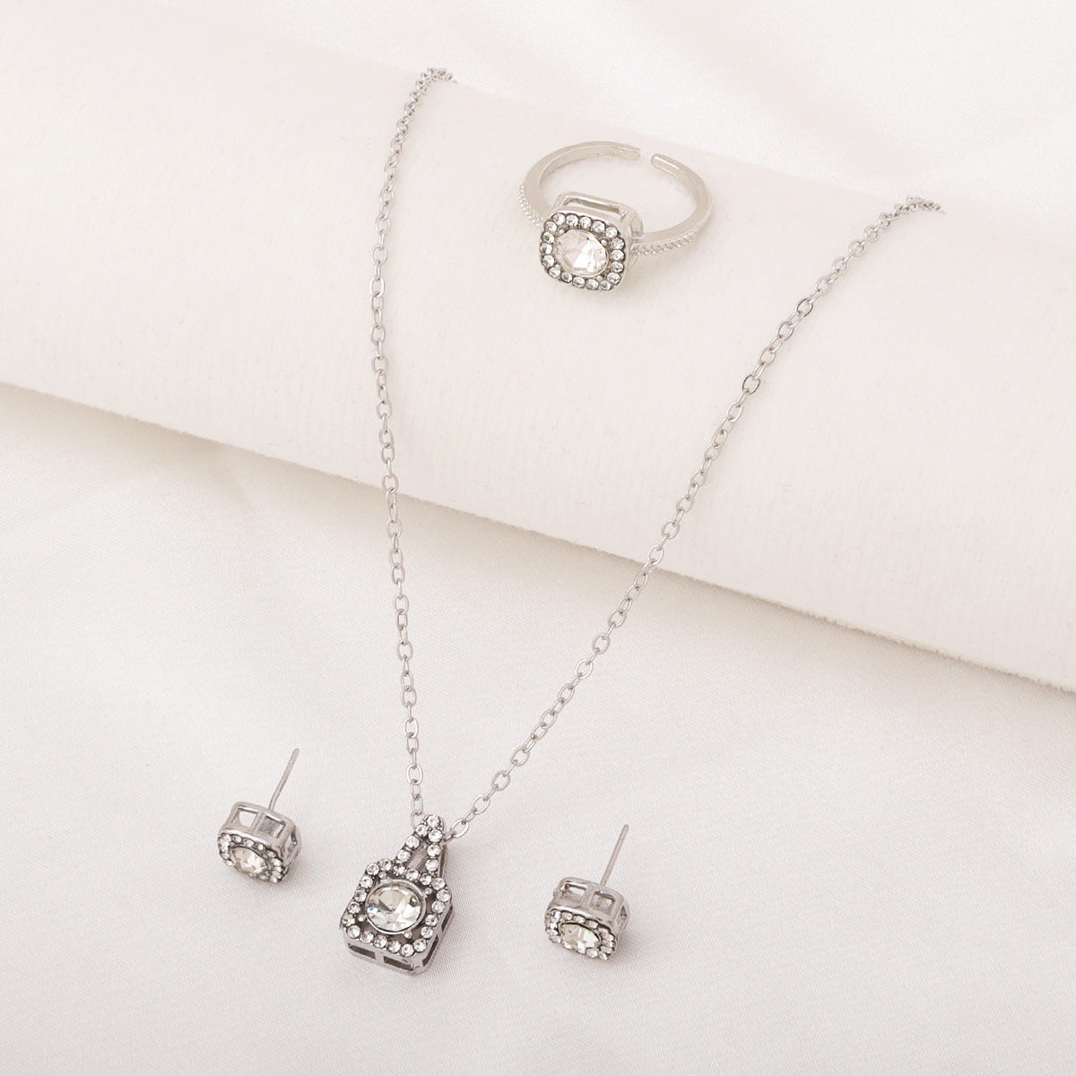 Square Rhinestone Jewelry Set Necklace Ring Earrings