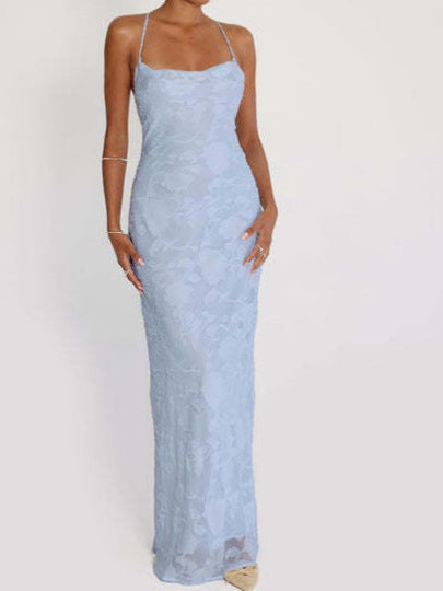 Blue Jacquard Backless Long Dress