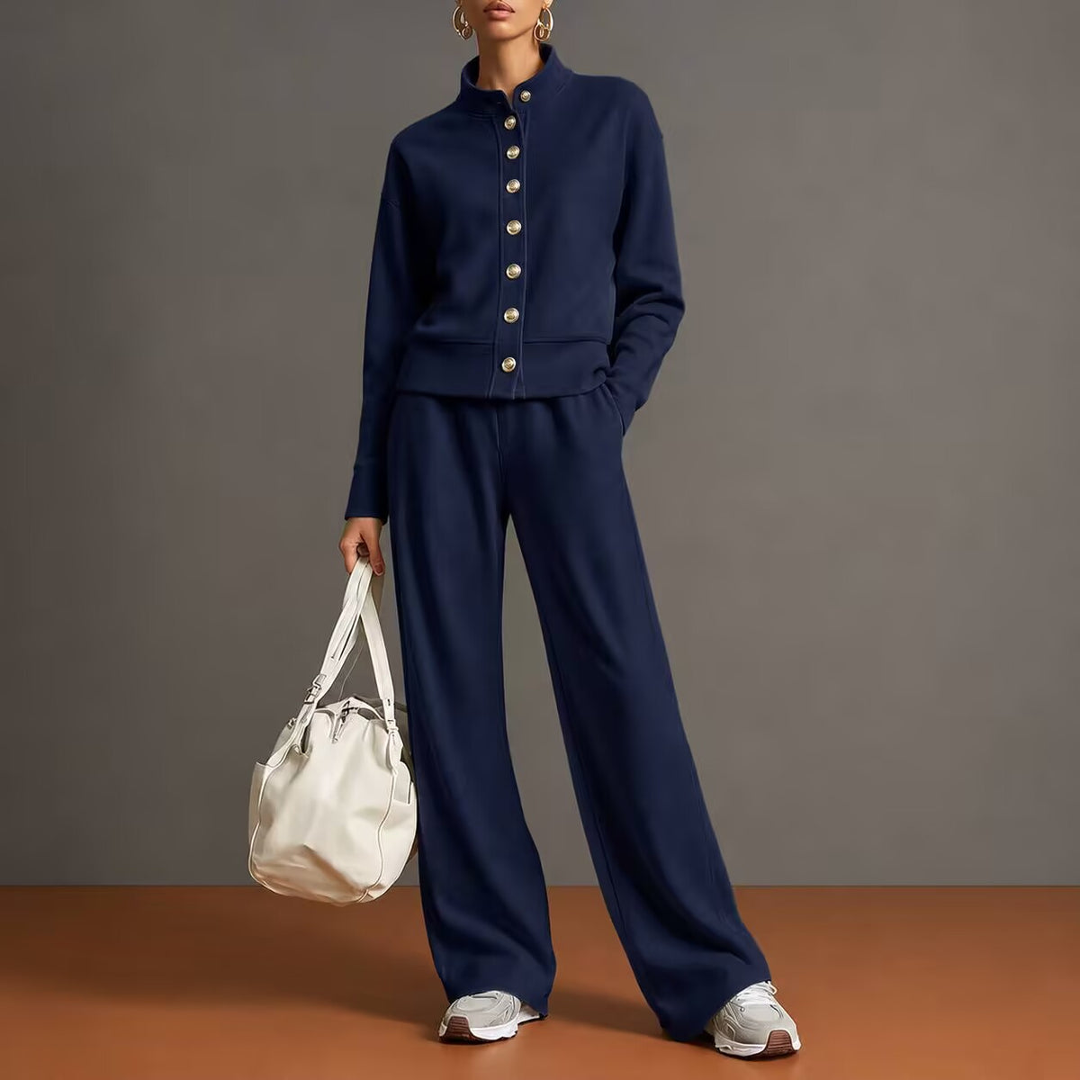 Women's Solid Color Stand Collar Sweatshirt and Wide Leg Pants Casual Two Piece Set