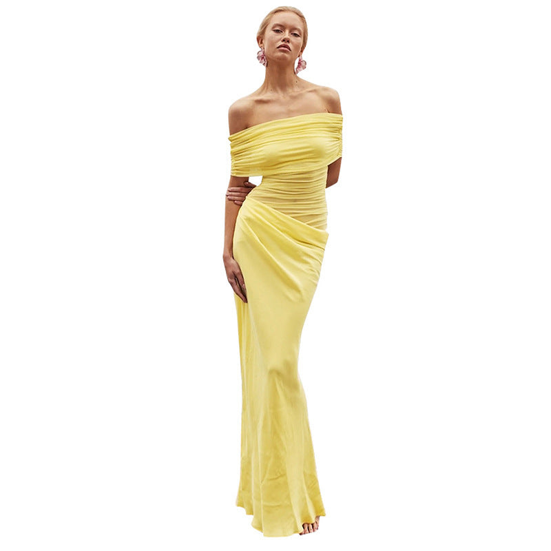Mesh Off-Shoulder Pleated Dress
