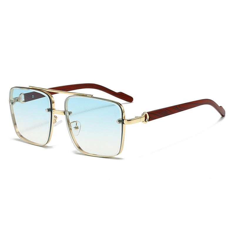 Retro Metal Double Bridge Sunglasses with Wood Grain Legs