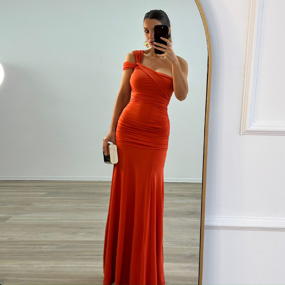 One-Shoulder Ruching Side Slit Slim-Fit Dress
