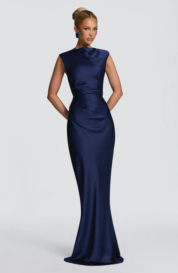 Women's Asymmetrical Fishtail Dress Half-High Collar Sleeveless Long Gown