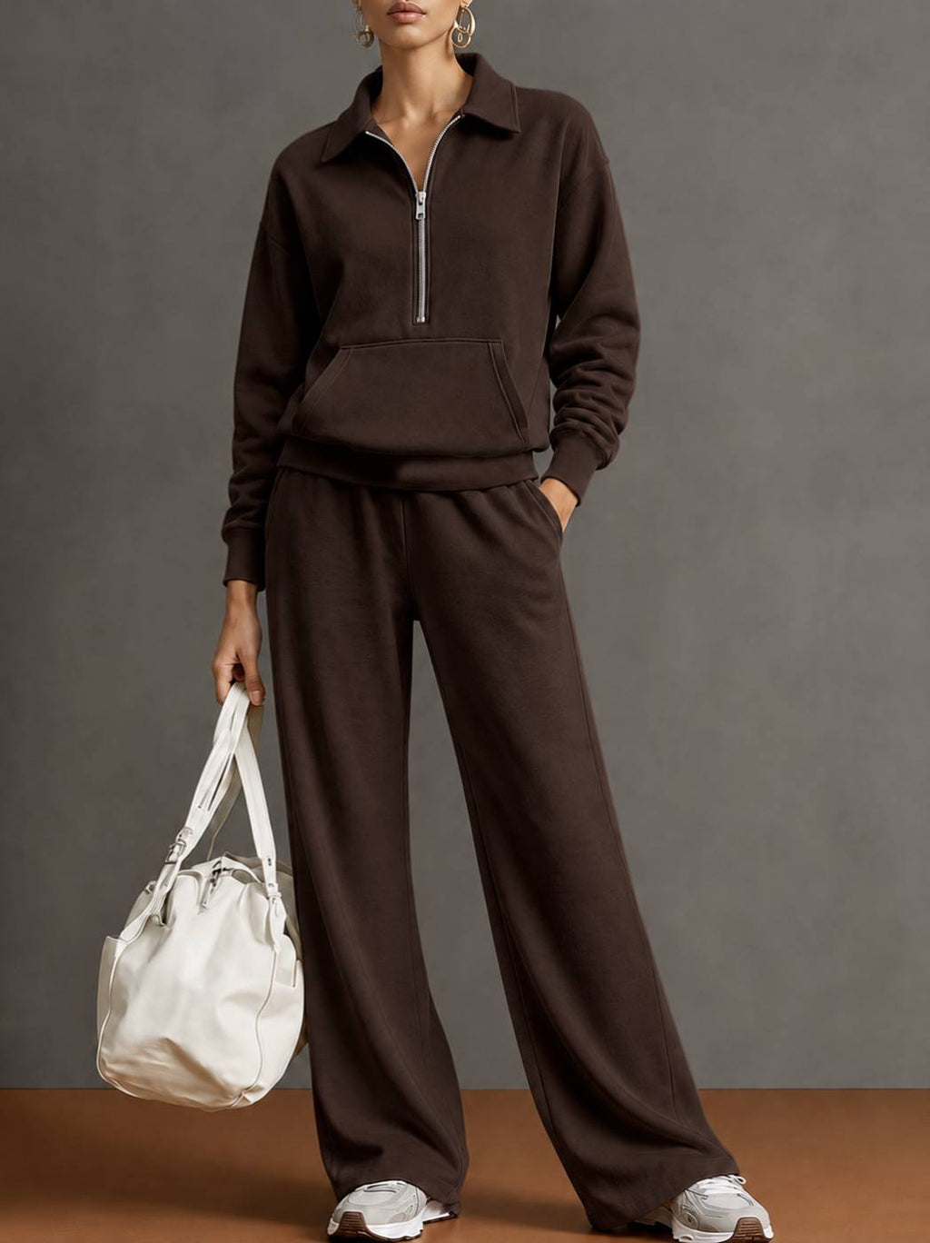 Women Two-Piece Half-Zip Sweatshirt and Wide-Leg Pants Set