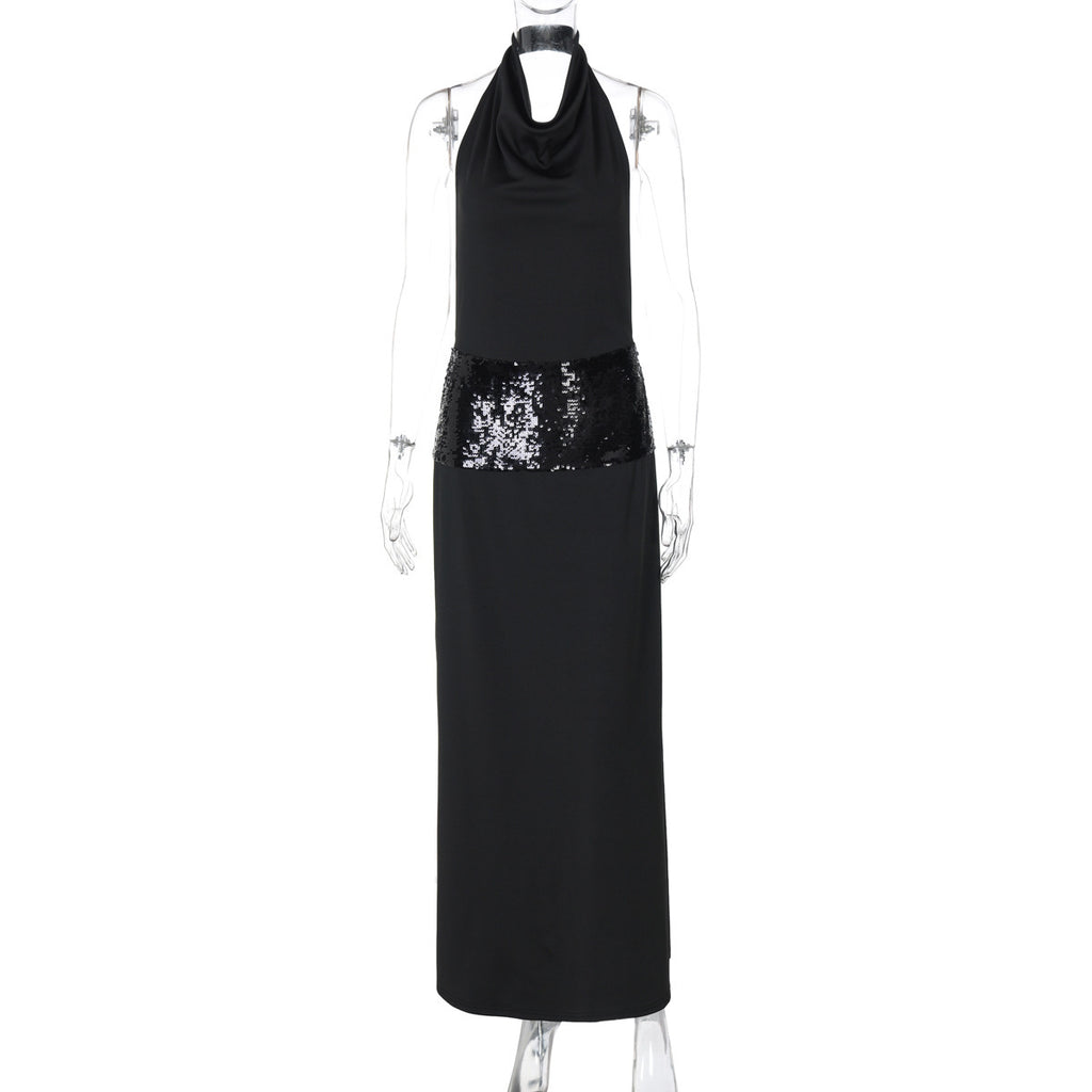 Swing Collar Back Cut Out Sequin Girdle Dress