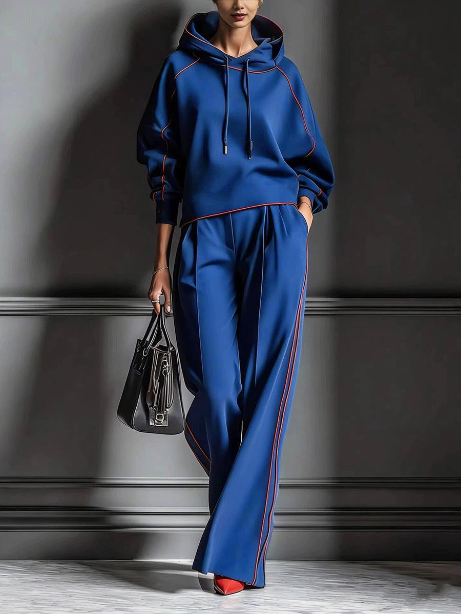 Women's Casual Color Block Hooded Sweatshirt and Pants Two-Piece Set