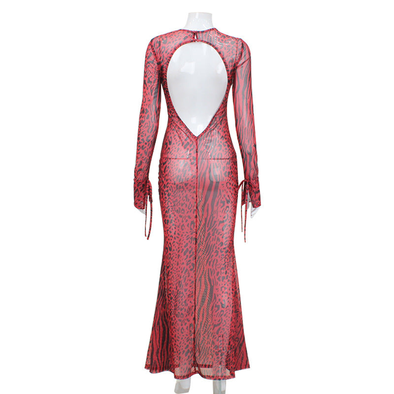 Red Leopard Print Fishtail Dress