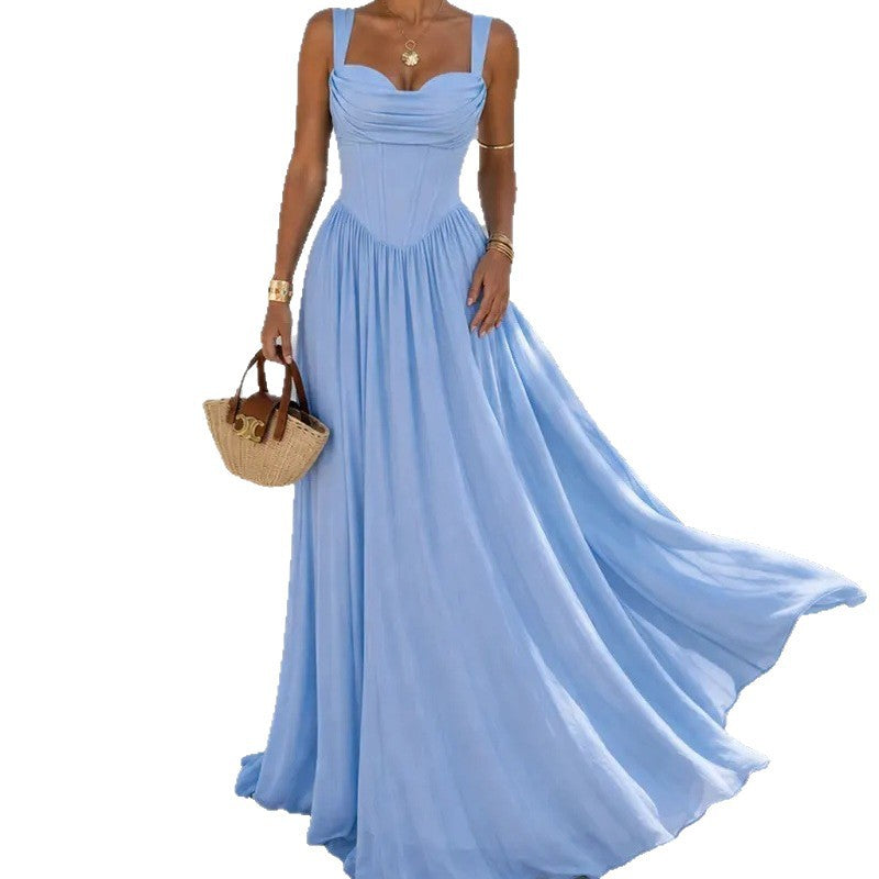 French Fishbone Waist Evening Gown Strapless Ruched Long Dress