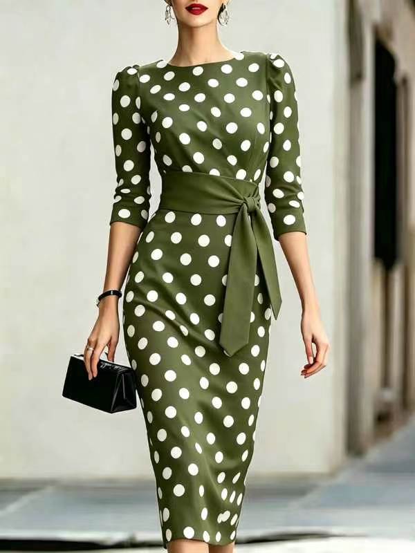 Retro Polka Dot Waist-Cinching Mid-Length Dress