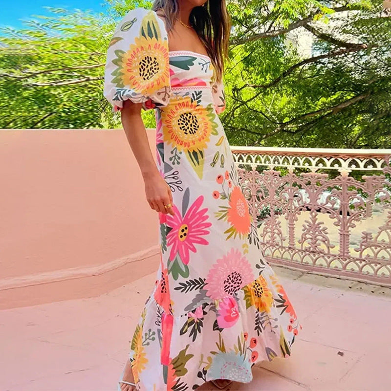 Flared Lantern Sleeve Printed Dress