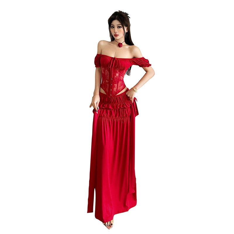 One-Shoulder Waist-Cinching Dress Set