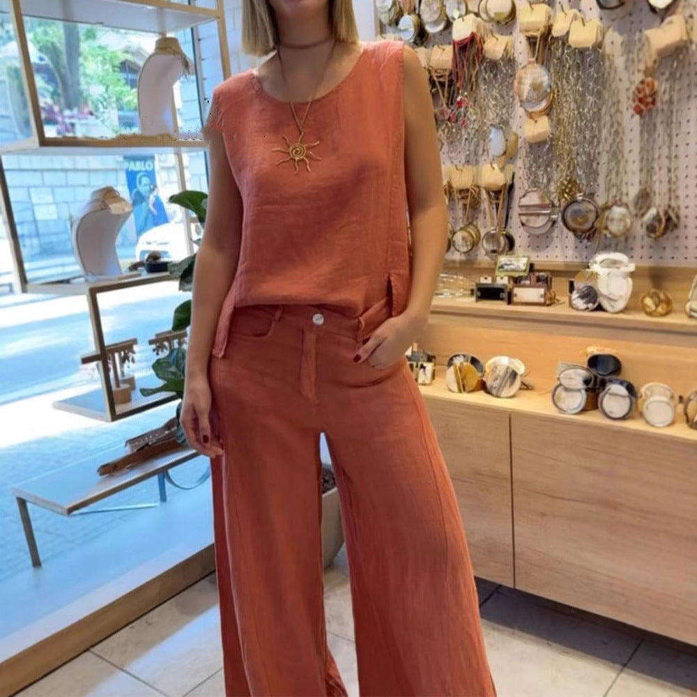 Women's Summer Cotton Linen Solid Color Sleeveless Two-Piece Pantsuit Set