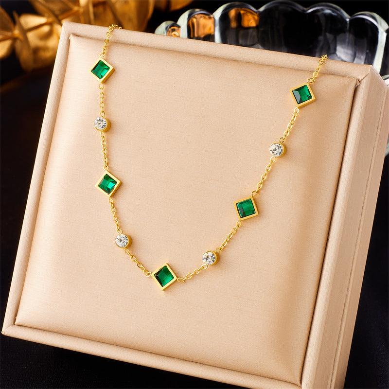 Gold-Plated Titanium Steel Square Emerald Inlaid Rhinestone Necklace