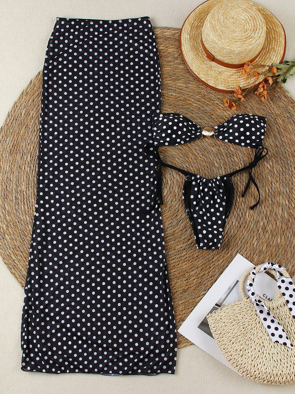 Elegant Polka Dot Print Crop Top and Skirt Set