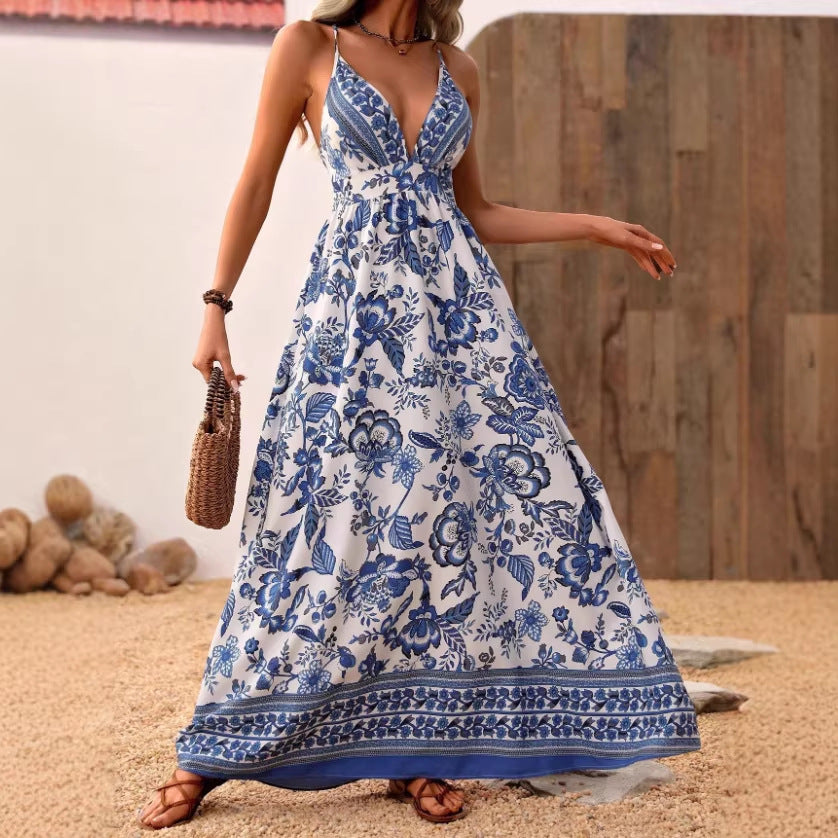 Floral Print Halter Neck Backless Long Dress