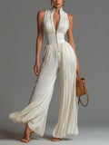Womens Halter Neck Pleated Wide Leg Jumpsuit