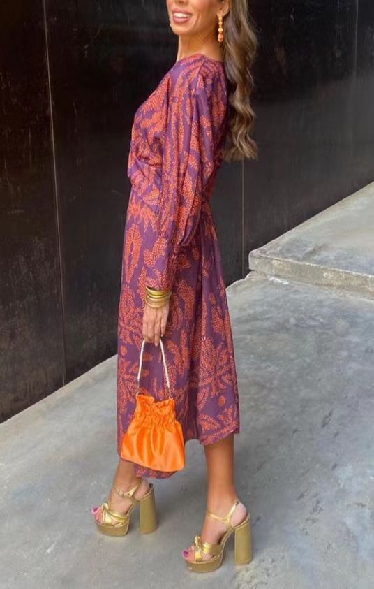 Women's Autumn 3D Printed V-Neck A-Line Mid-Length Dress