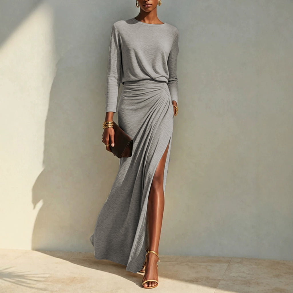 Womens Round Neck Long Sleeve Solid Color High Slit Bodycon Dress