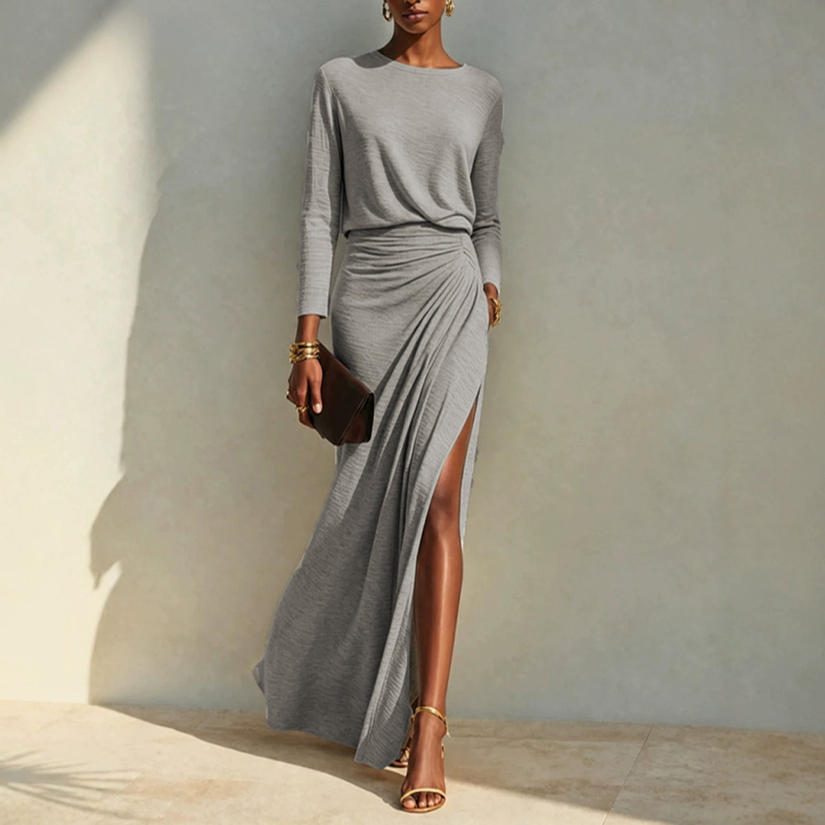 Womens Round Neck Long Sleeve Solid Color High Slit Bodycon Dress