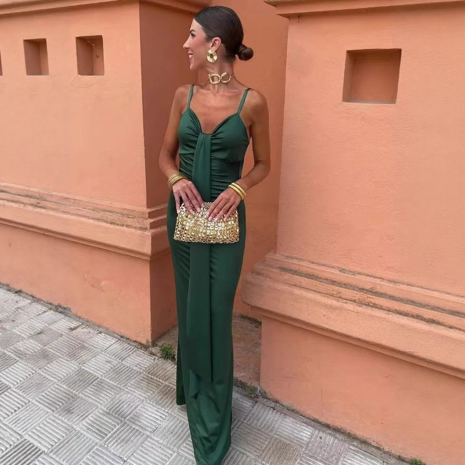 Satin V-neck Pleated Sleeveless Dress