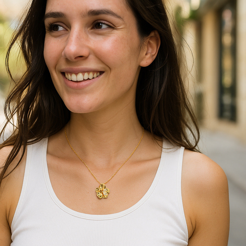 Floral Zircon Cross Chain Necklace