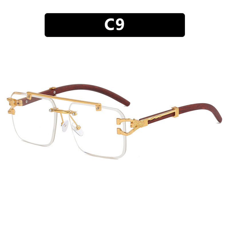 Double Beam Rimless Square Sunglasses Wood Grain UV Protection
