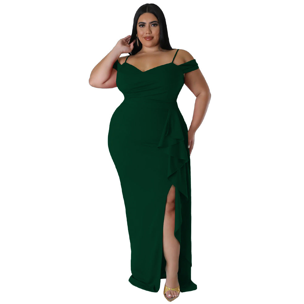 Ruffled Sling Dress with High Slit