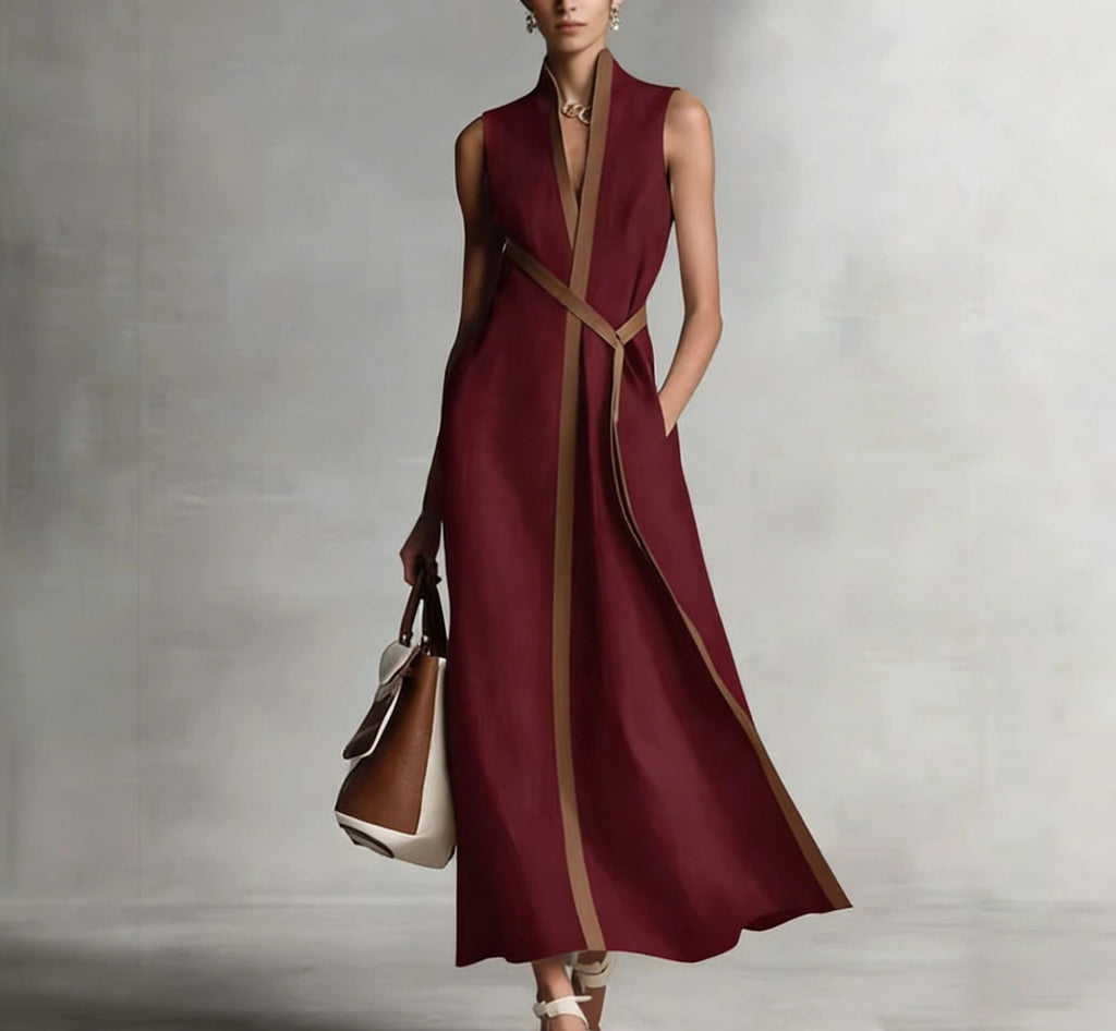 Stand Collar Sleeveless Color Block Loose Dress
