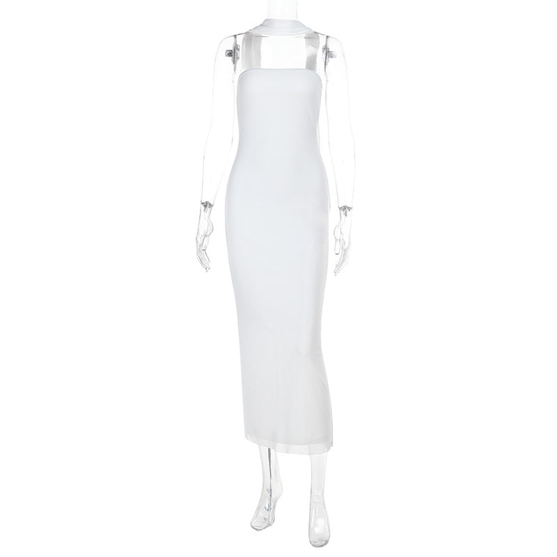 Womens Tube Top Mesh Ribbon Long Dress