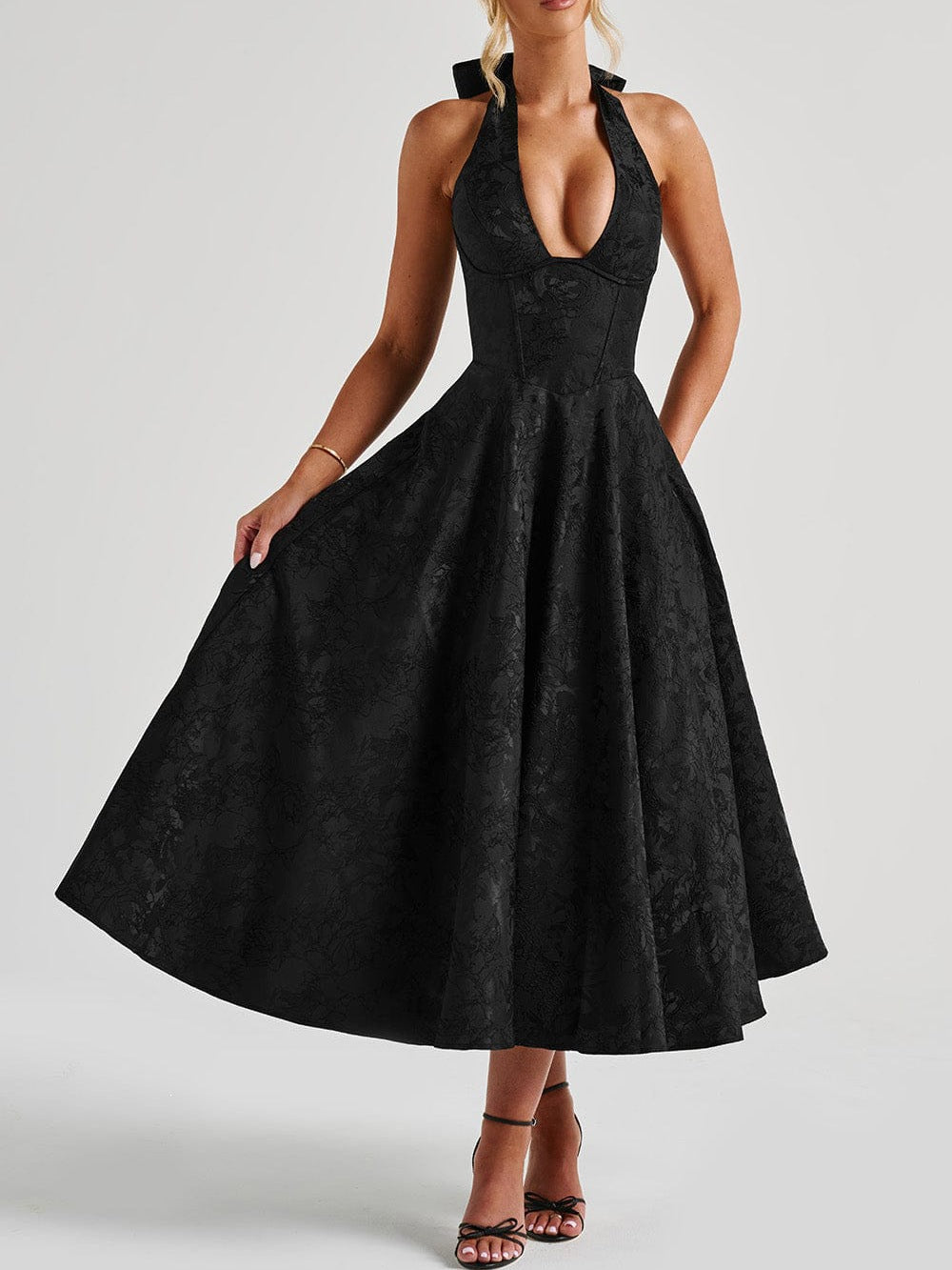 Jacquard Halter Neck Evening Gown