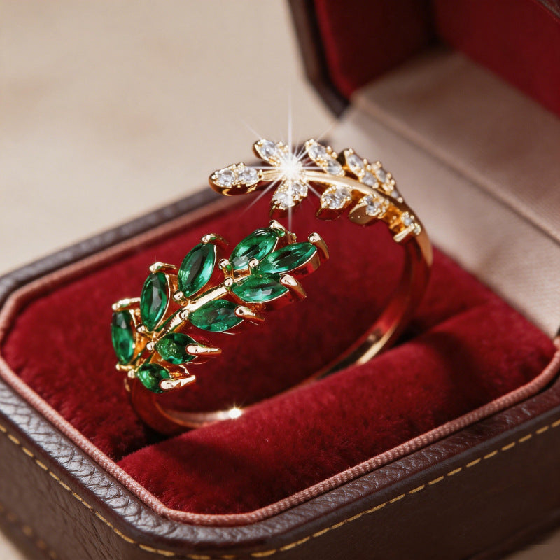 Fashion Creative Design Leaf and Wheat Ear Open Ring, Exquisite Light Luxury Everyday Versatile Casual Accessory