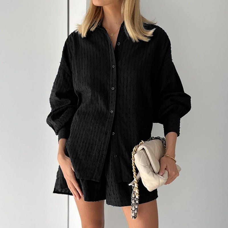 Women's Jacquard Puff Sleeve Shirt and Shorts Two-Piece Set