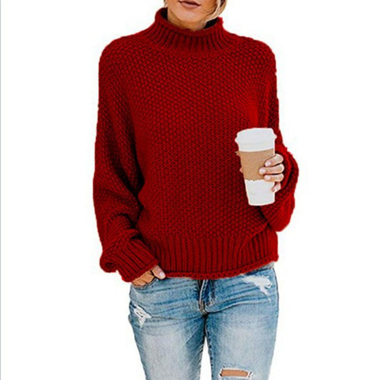 Womens Turtleneck Sweater Loose Fit Solid Color Oversized Knit Pullover