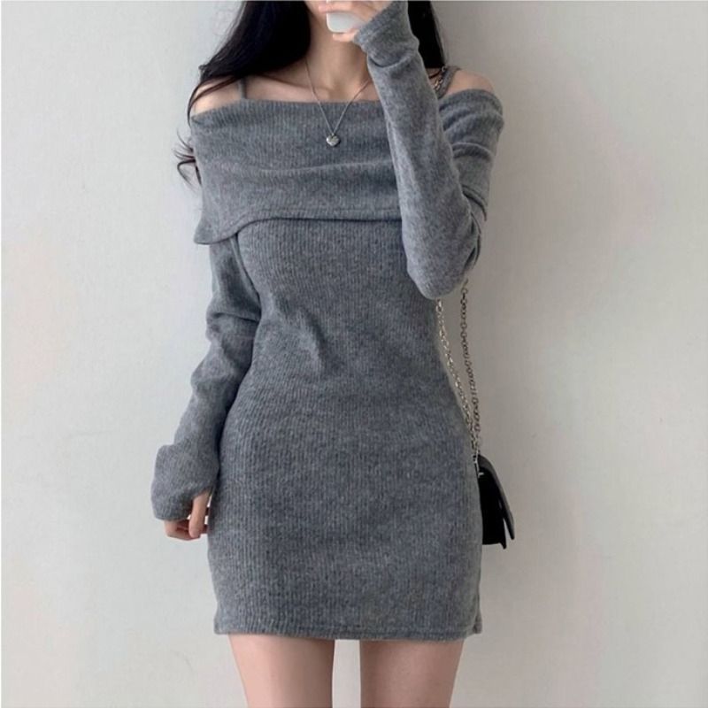 Women's Off-Shoulder Ribbed Knit Hip-Hugging Short Dress