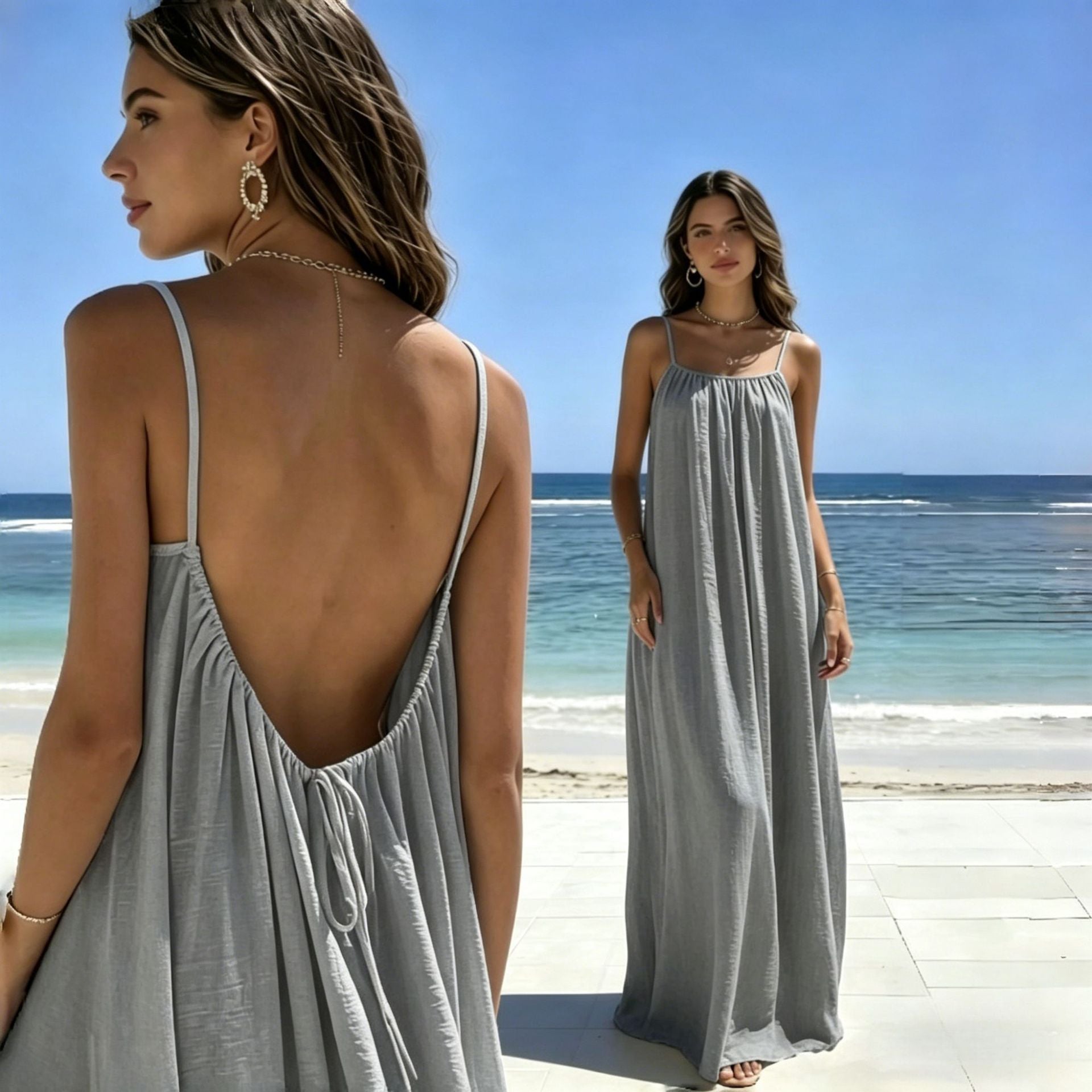 Womens Loose Fit Sleeveless Tie Neck Long Dress