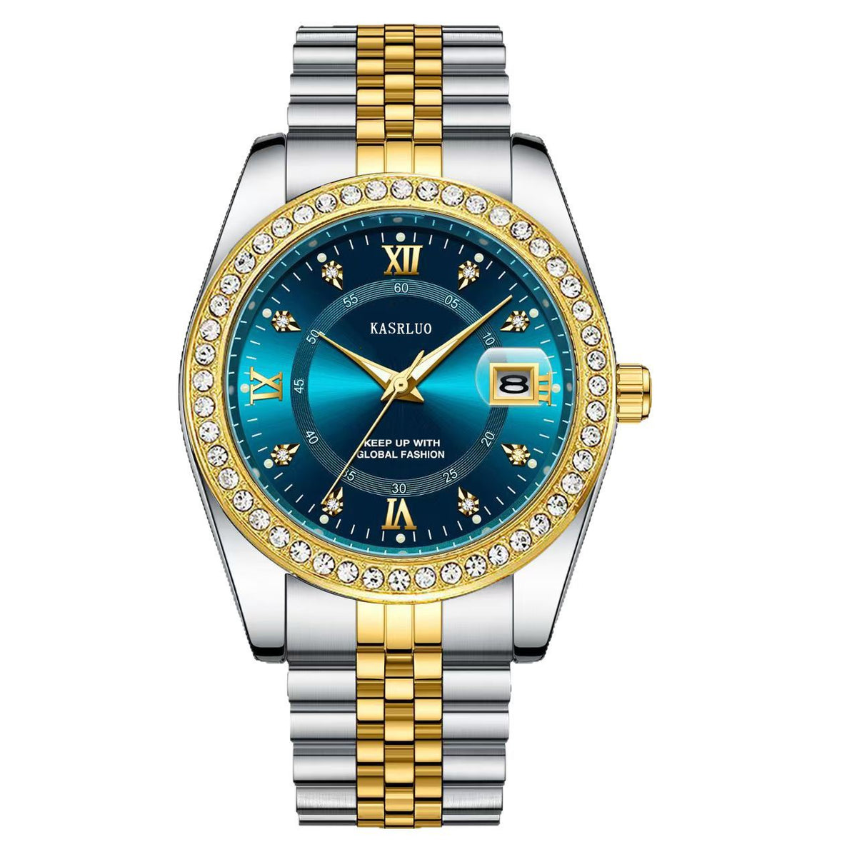 Roman Numerals Diamond Calendar Steel Band Watch
