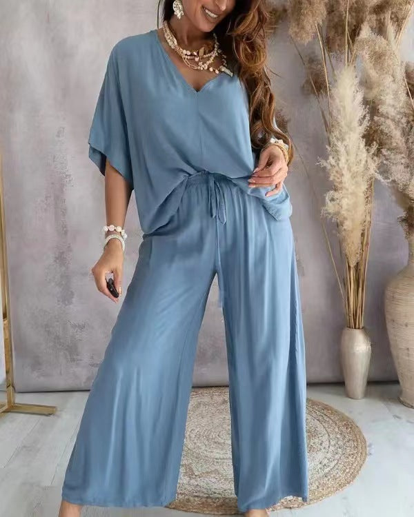 Womens V-Neck Bat Sleeve Wide Leg Pants Set